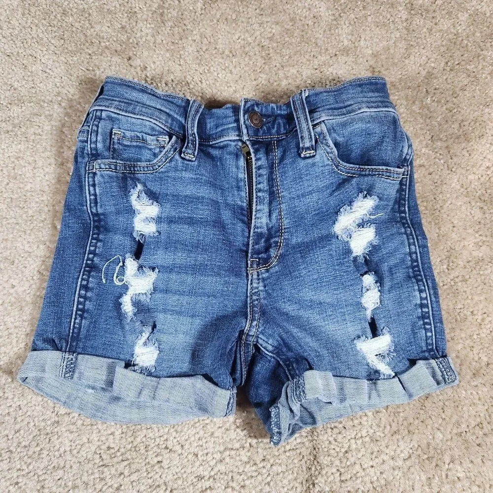 HOLLISTER Short Denim Women's Cuffed Blue Sz 00 W23 High Rise Stretch #396